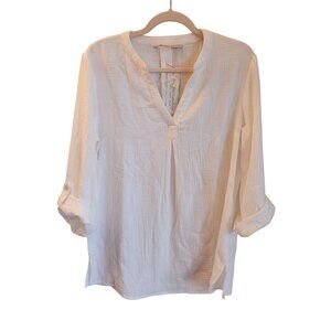 Soft Surroundings Shirt Small White Women's Marley Gauze Tunic Roll Tab Sleeve